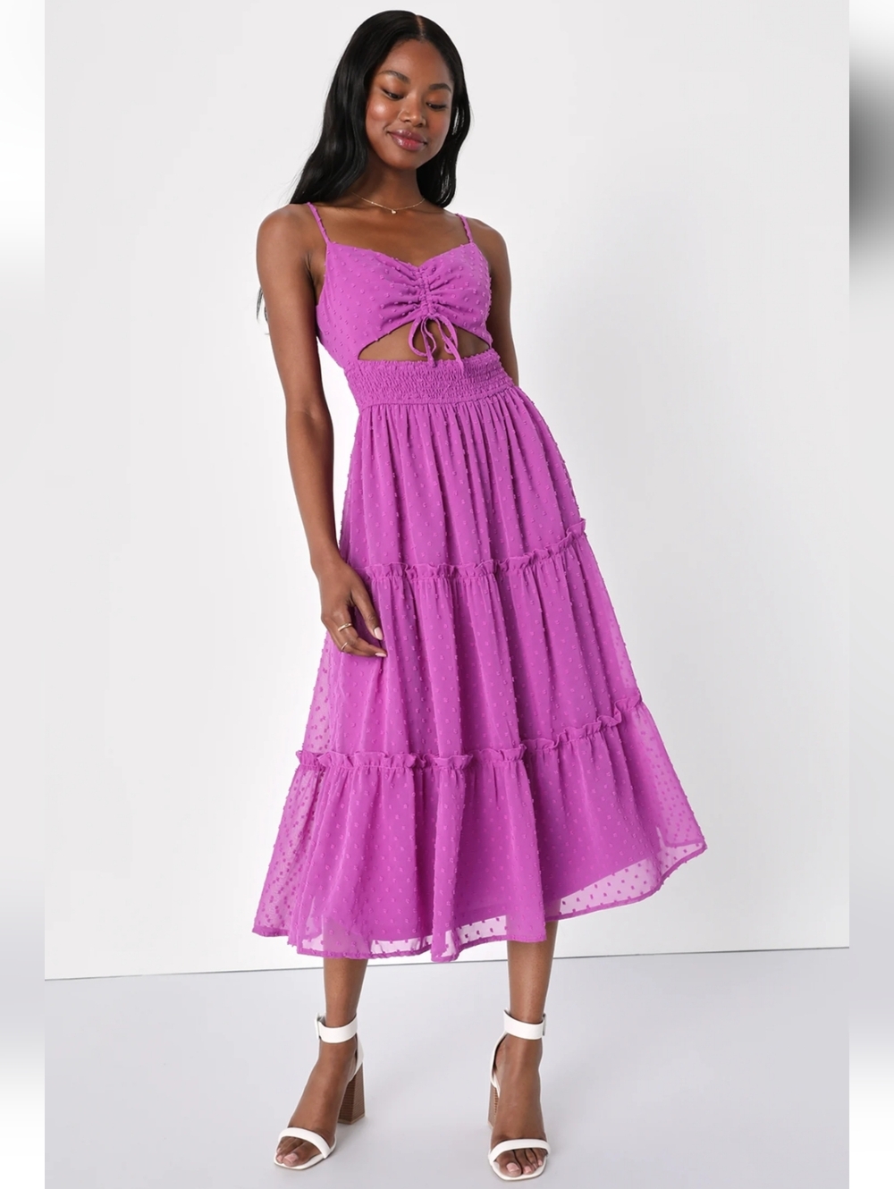 Flirting with Sunshine Purple Swiss Dot Cutout Tiered Midi Dress Size XL Nwt